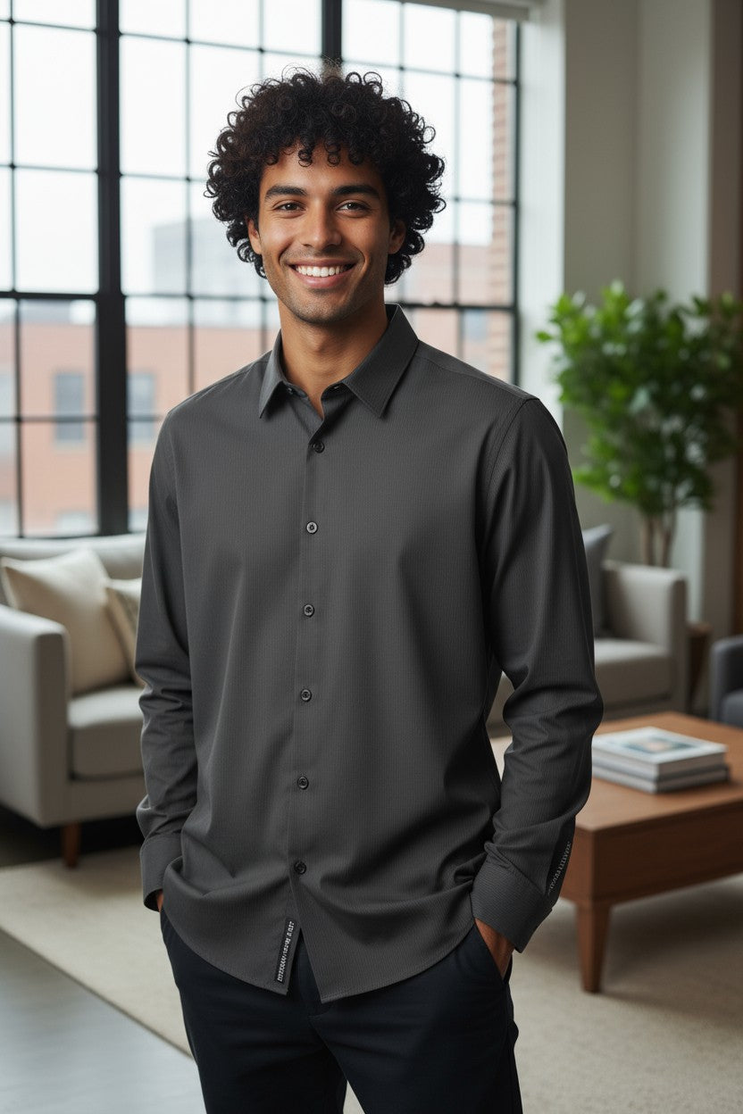 HOM Plain Vertical Woven Shirt Deep Grey