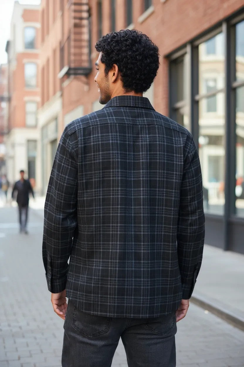 Tom Hatton Printed Check Shirt Black Blue SA 5088