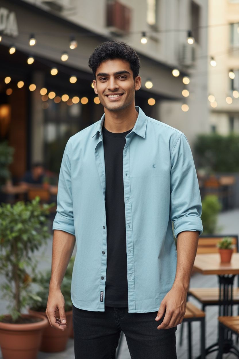Carnot Plain Satin Shirt Aqua Blue