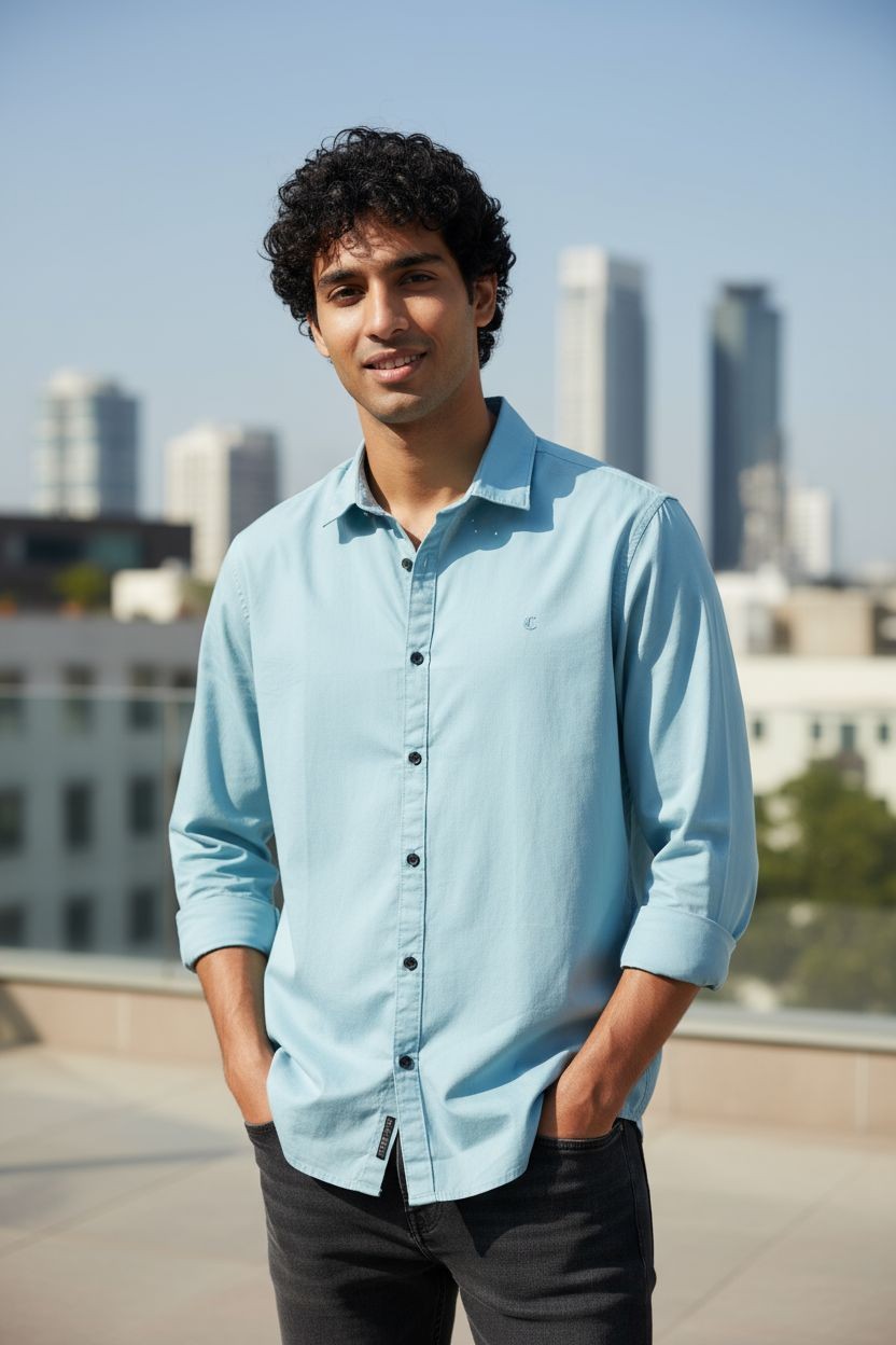 Carnot Plain Satin Shirt Aqua Blue