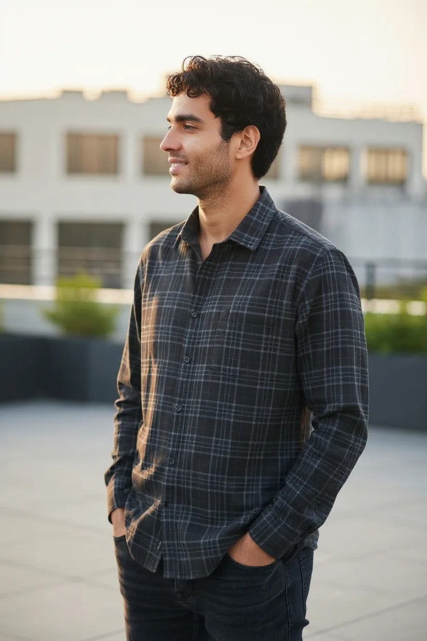 Tom Hatton Printed Check Shirt Black Blue SA 5088