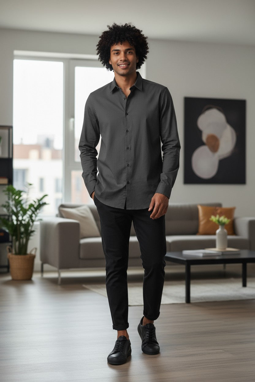 HOM Plain Vertical Woven Shirt Deep Grey