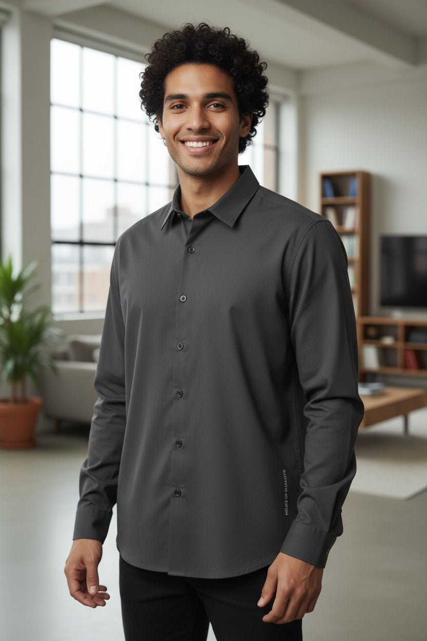 HOM Plain Vertical Woven Shirt Deep Grey