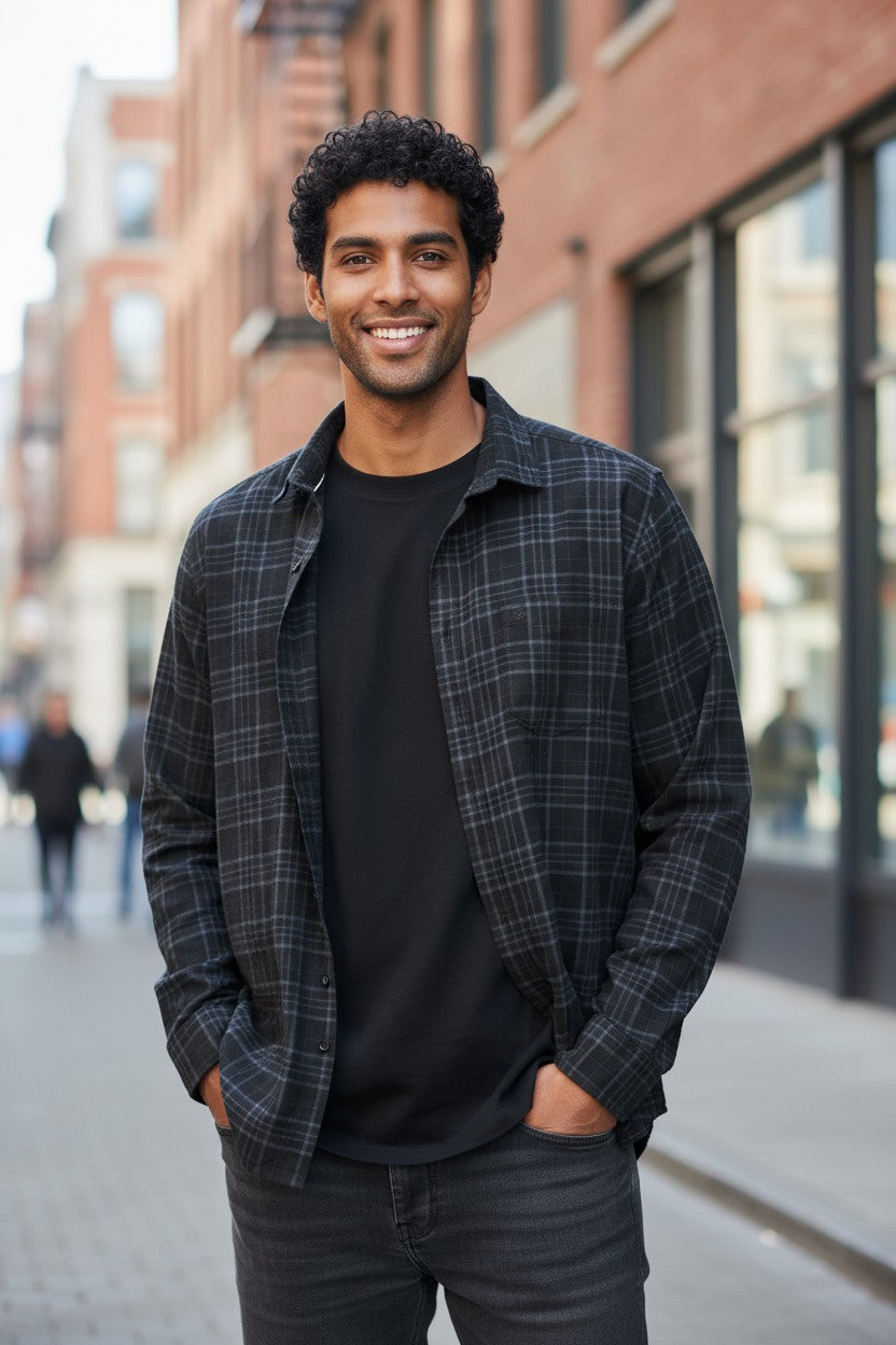 Tom Hatton Printed Check Shirt Black Blue SA 5088