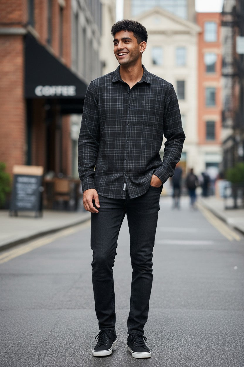 Tom Hatton Printed Check Shirt Black Blue SA 5088