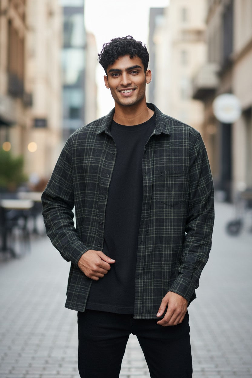 Tom Hatton Printed Check Shirt Black Green SA 5088