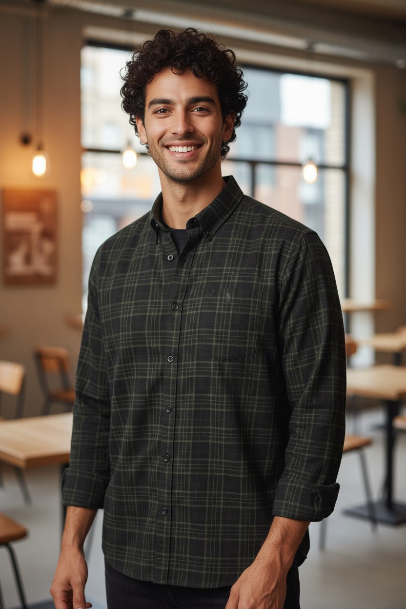 Tom Hatton Printed Check Shirt Black Green SA 5088