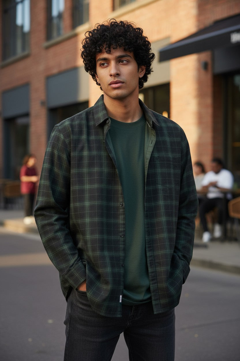 Tom Hatton Printed Check Shirt Green Black SA 5091