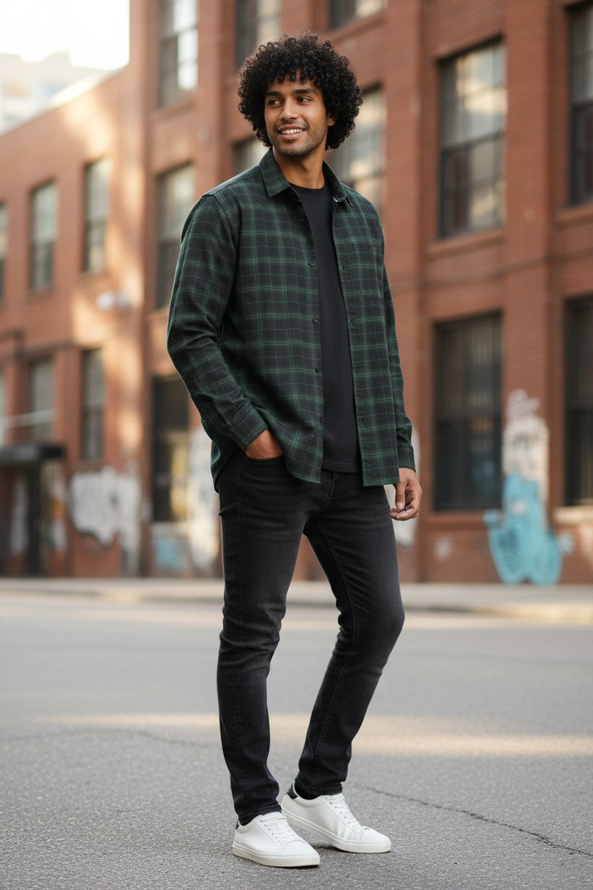 Tom Hatton Printed Check Shirt Green Black SA 5091