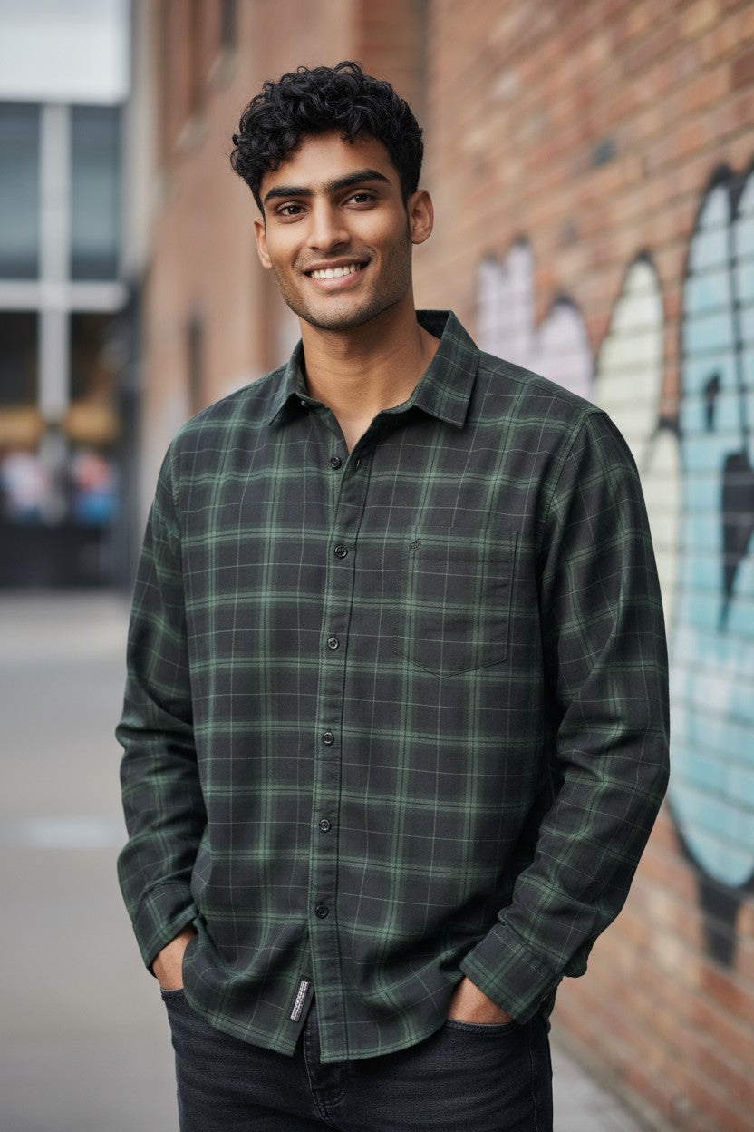Tom Hatton Printed Check Shirt Green Black SA 5091