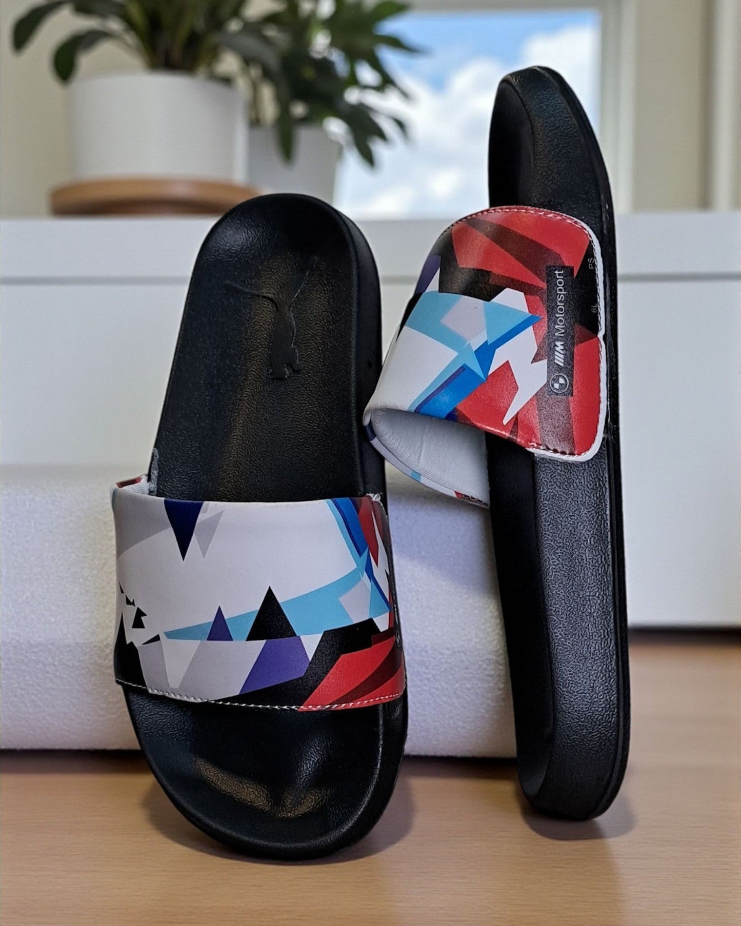 BMW Motor Sport Printed Sliders for Men White Black