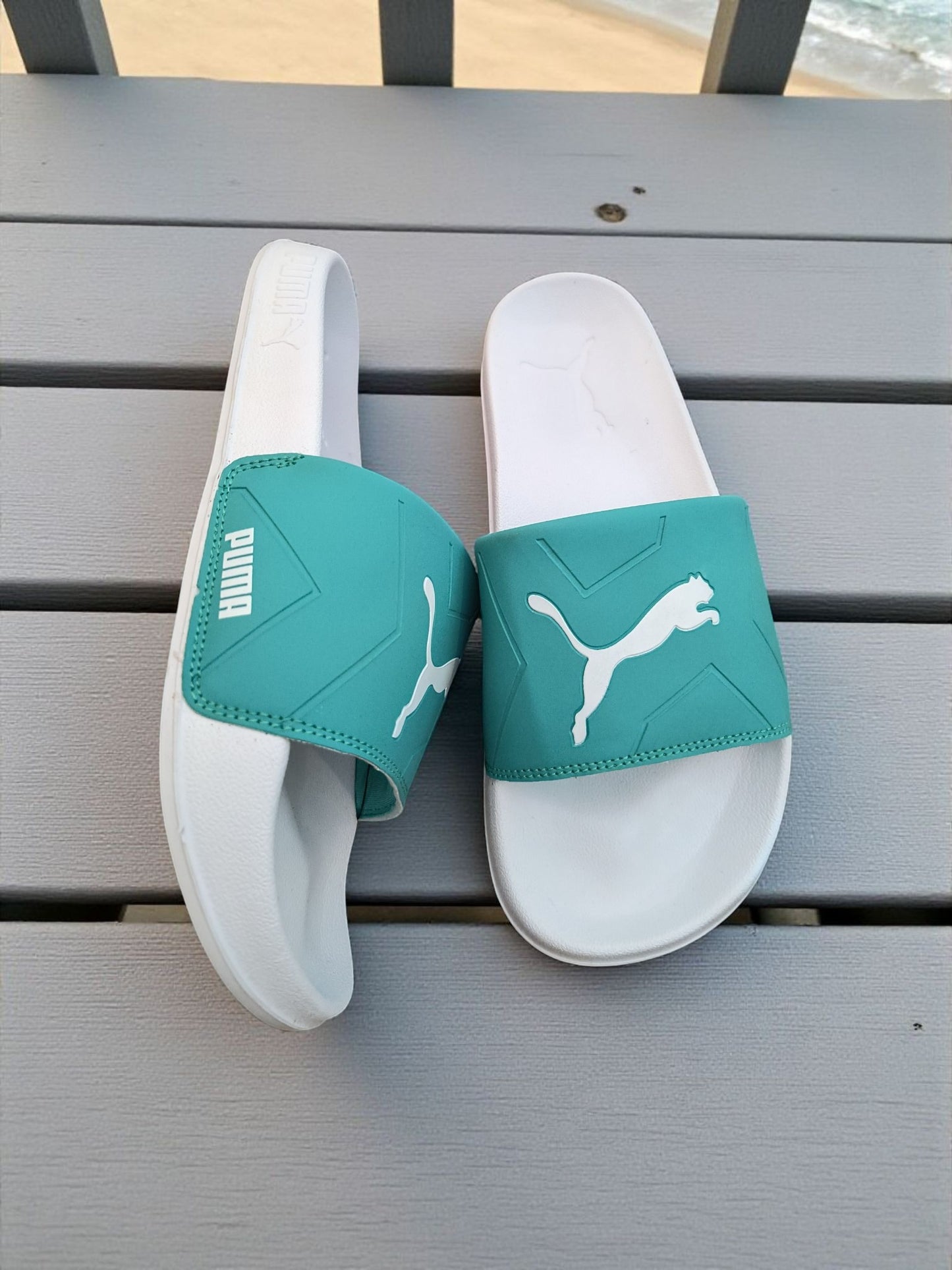 Puma Logo Printed Sliders for Men Green White