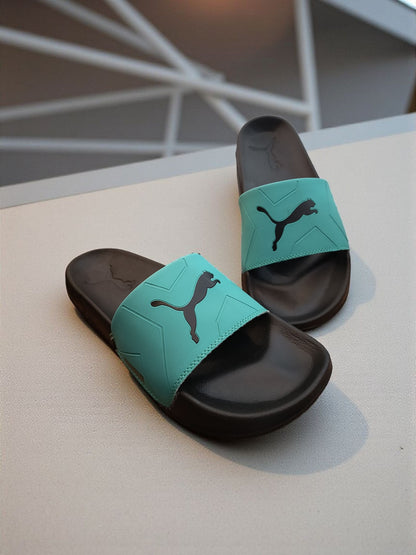 Puma Logo Printed Sliders for Men Green Black