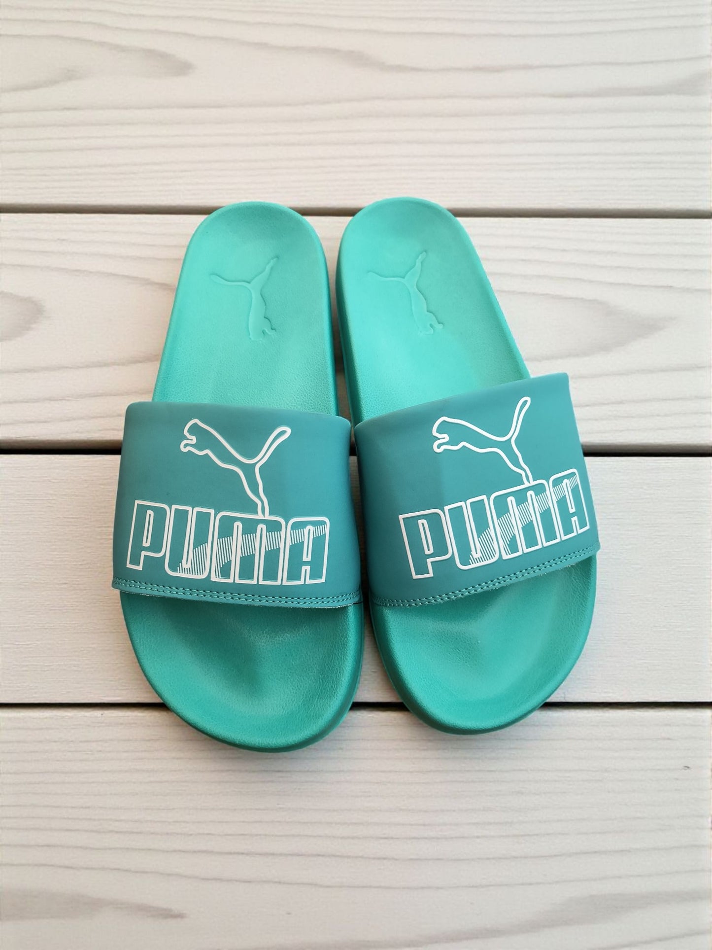 Puma Name and Logo Printed Sliders Green for Men