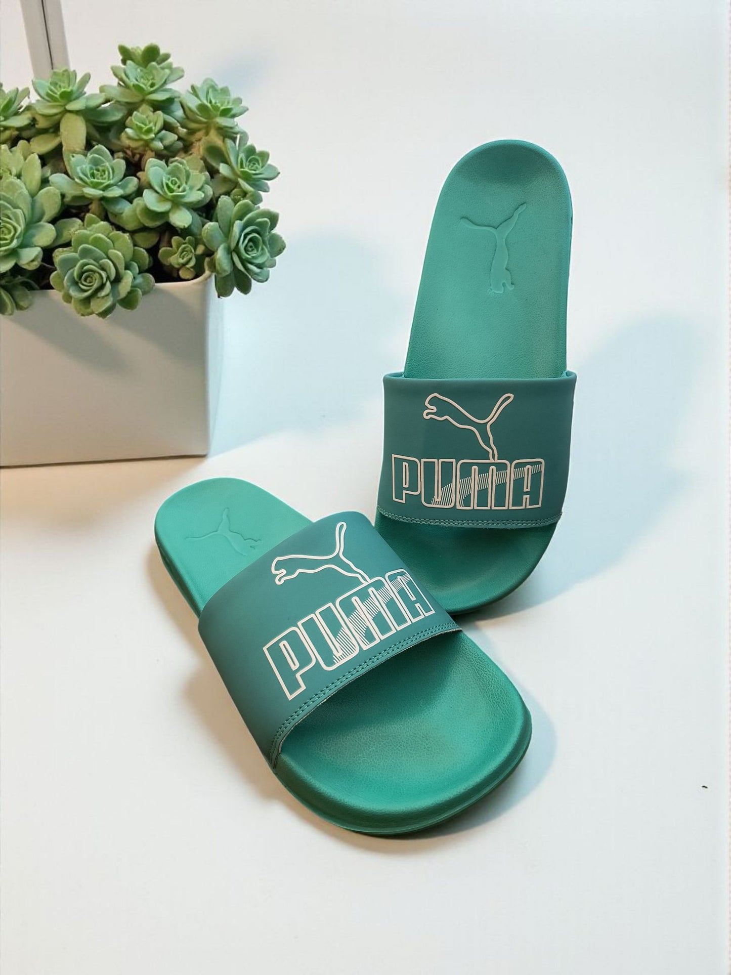 Puma Name and Logo Printed Sliders Green for Men
