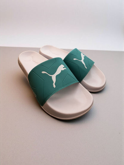 Puma Logo Printed Sliders for Men Green White