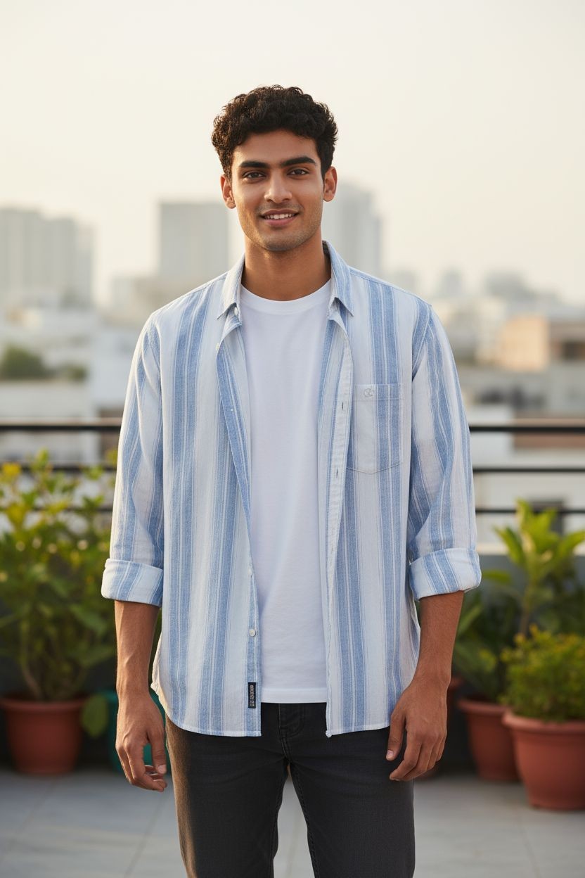 Vintage Auto Vertical Stripe Shirt White Blue