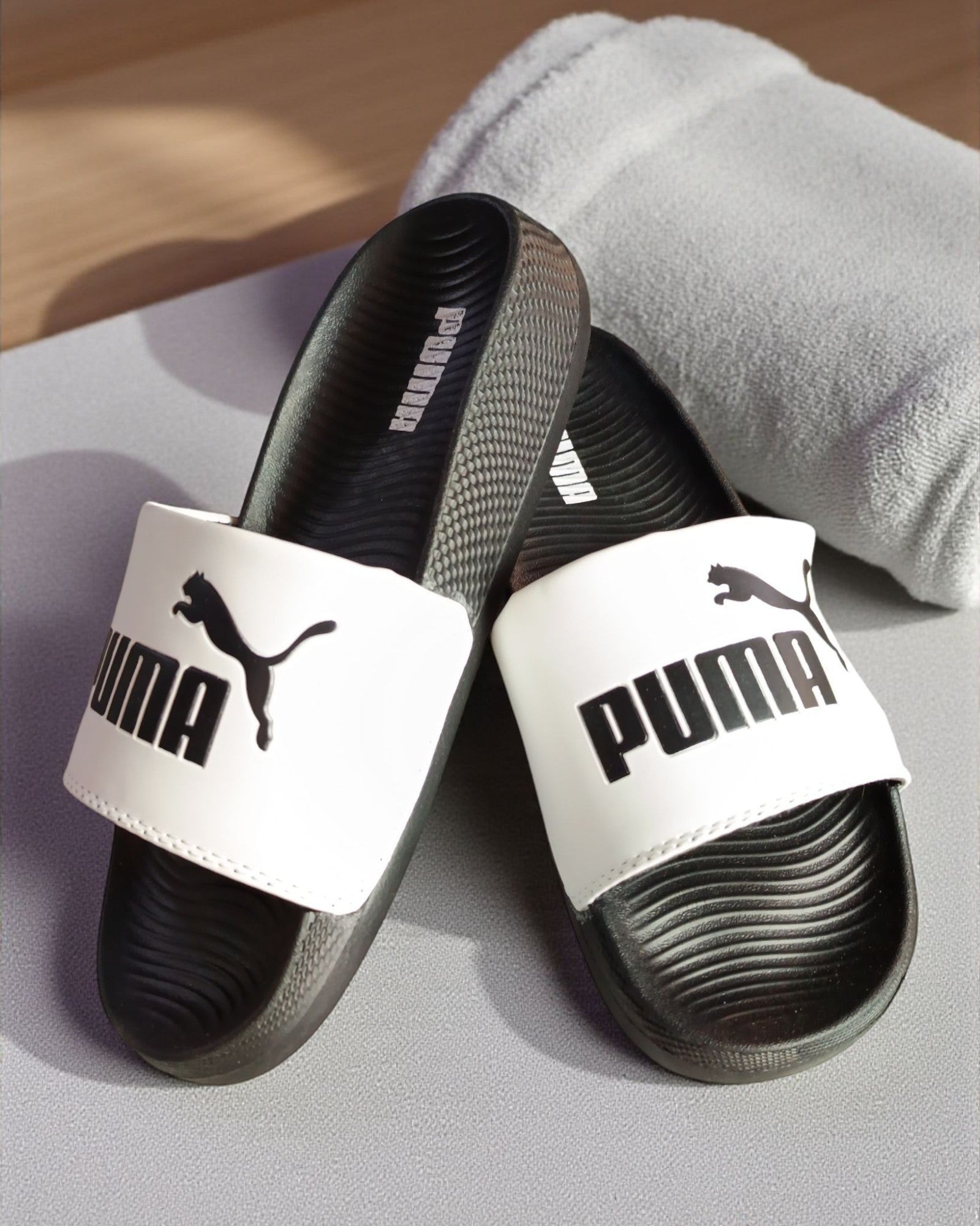 Puma Logo and Name Printed Slipper White Black
