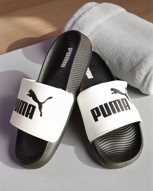 Puma Logo and Name Printed Slipper White Black