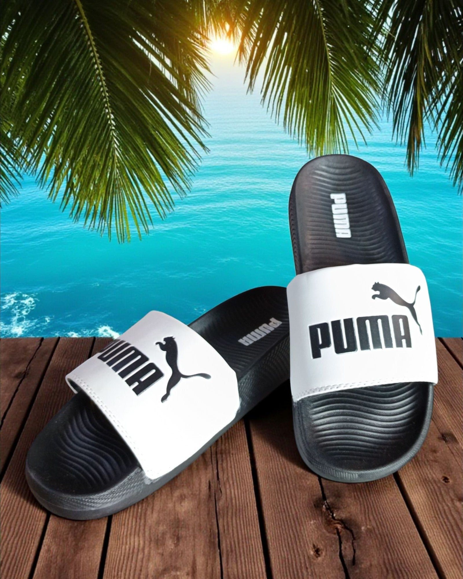 Puma Logo and Name Printed Slipper White Black