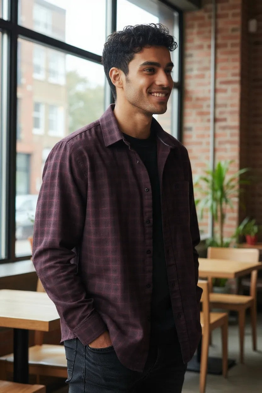 Tom Hatton Printed Check Shirt Maroon SA 5087