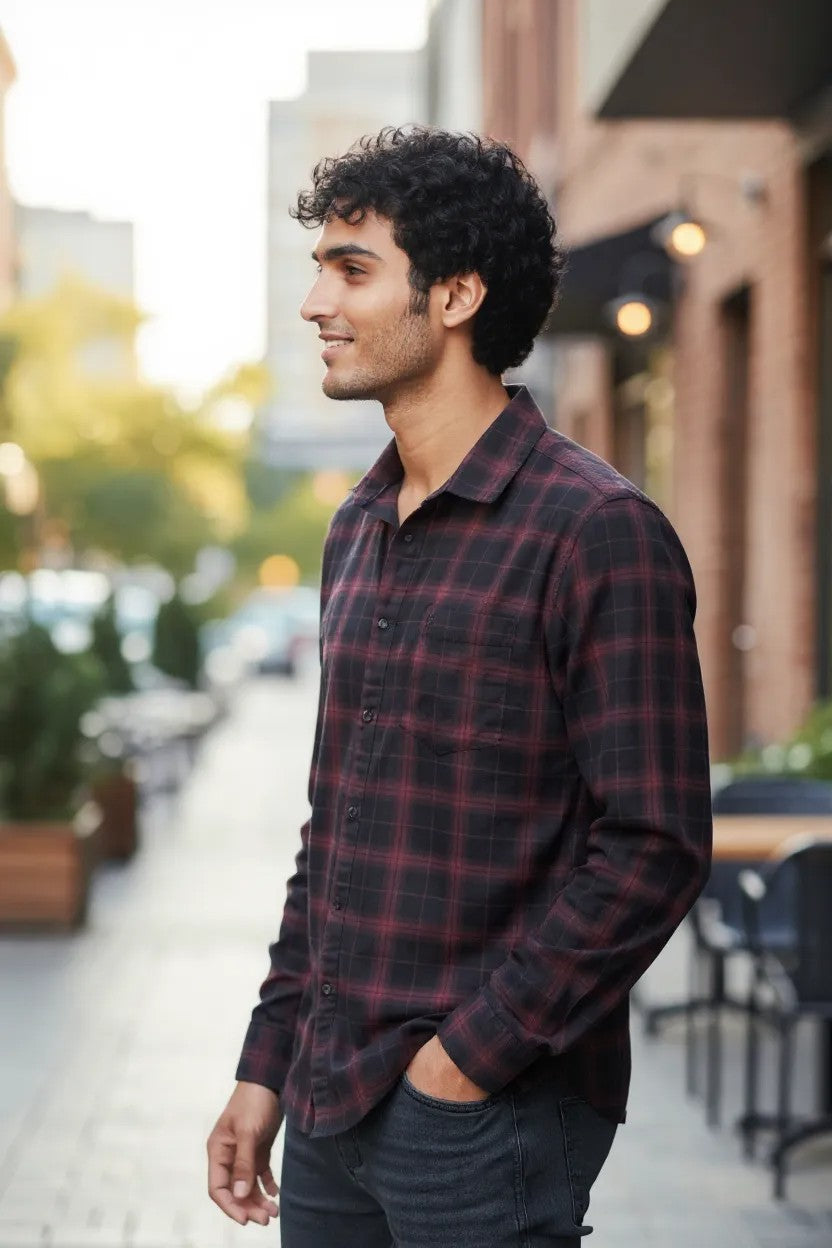 Tom Hatton Printed Check Shirt Maroon Black SA 5091