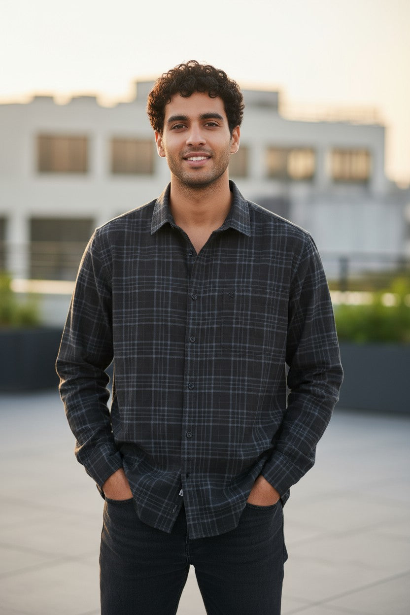 Tom Hatton Printed Check Shirt Black Blue SA 5088