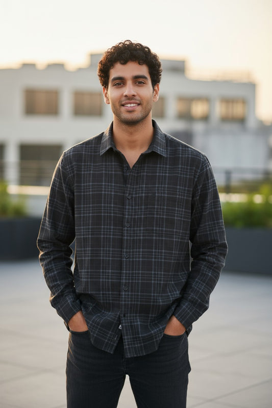 Tom Hatton Printed Check Shirt Black Blue SA 5088