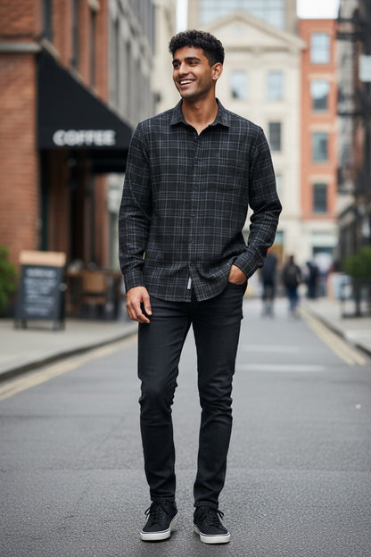 Tom Hatton Printed Check Shirt Black Blue SA 5088