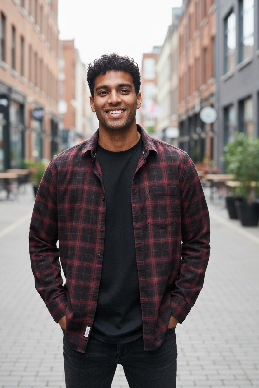 Tom Hatton Printed Check Shirt Maroon Black SA 5091