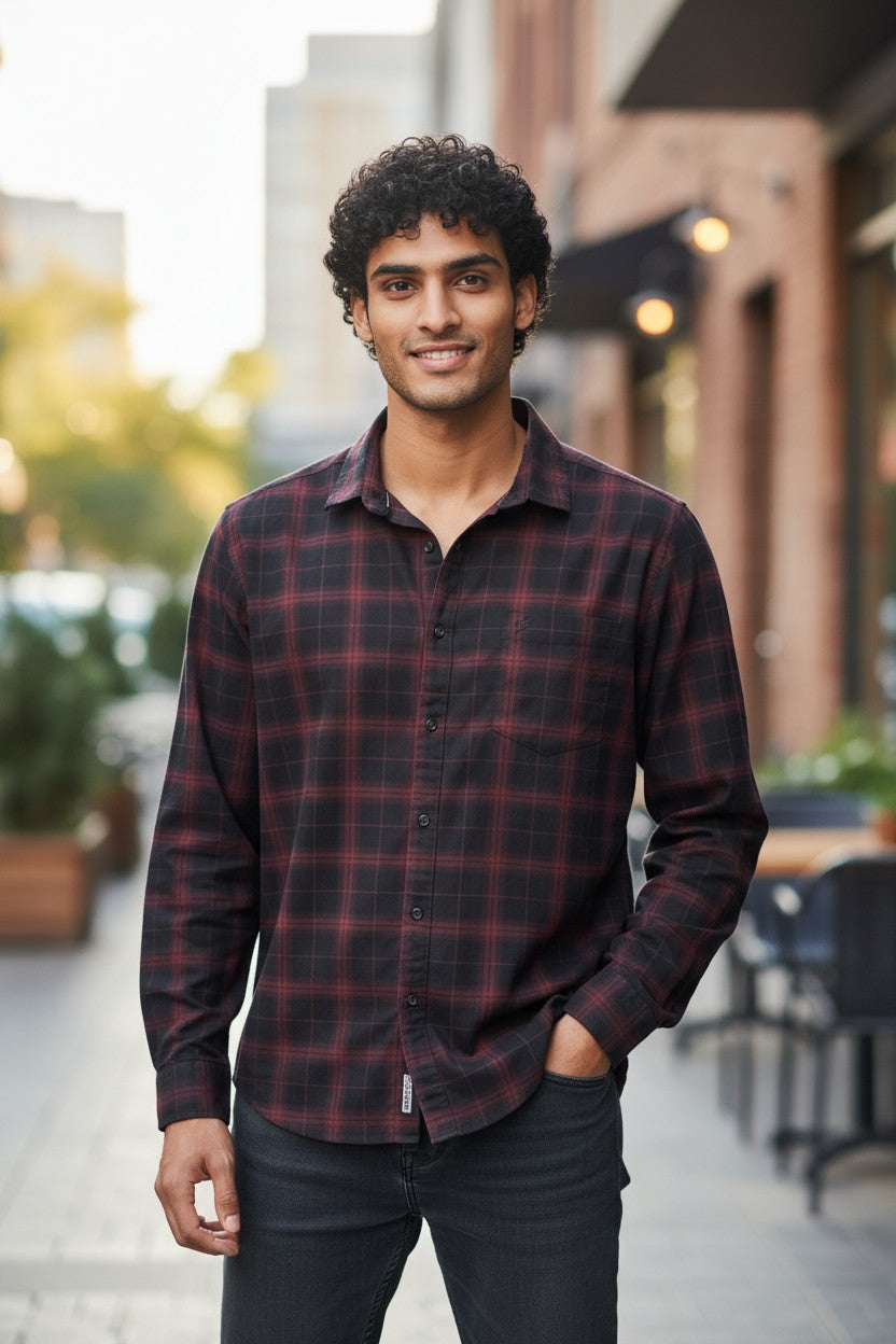 Tom Hatton Printed Check Shirt Maroon Black SA 5091