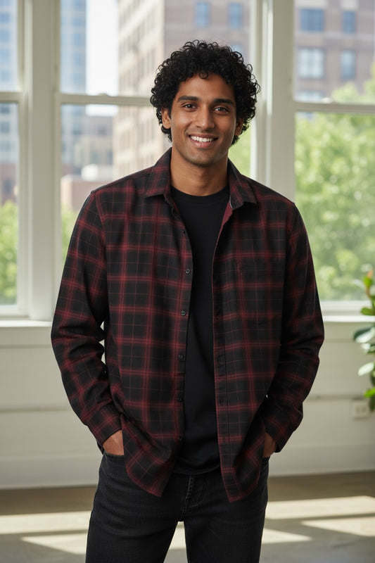 Tom Hatton Printed Check Shirt Maroon Black SA 5091