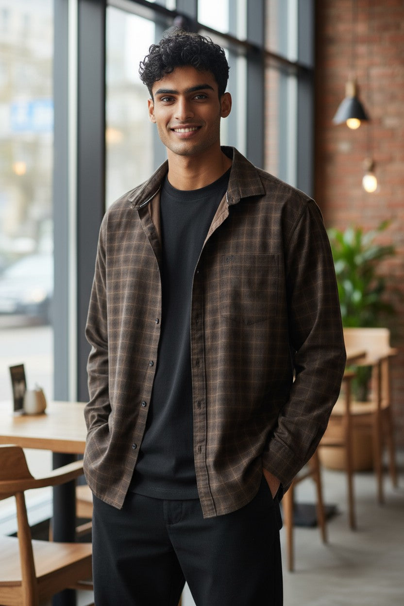 Tom Hatton Printed Check Shirt Brown SA 5087