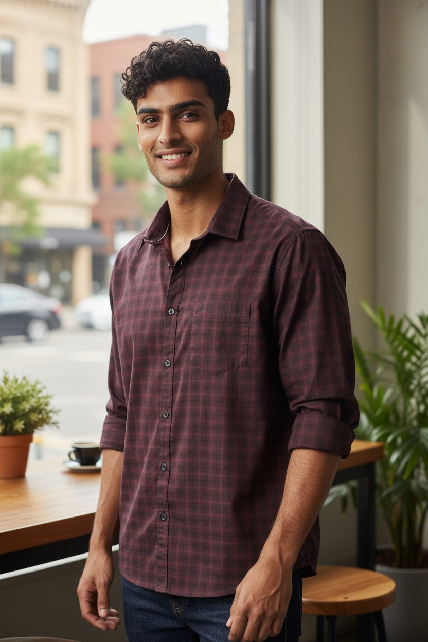 Tom Hatton Printed Check Shirt Maroon SA 5087