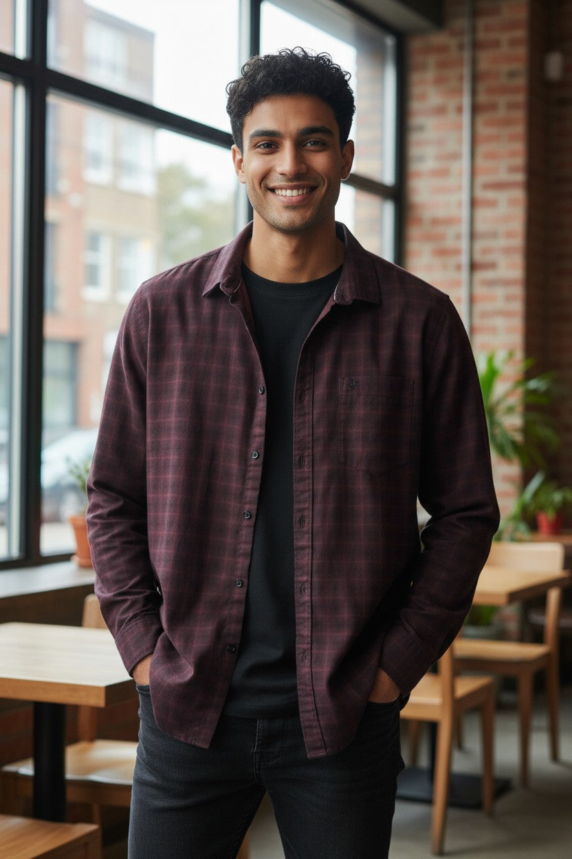 Tom Hatton Printed Check Shirt Maroon SA 5087