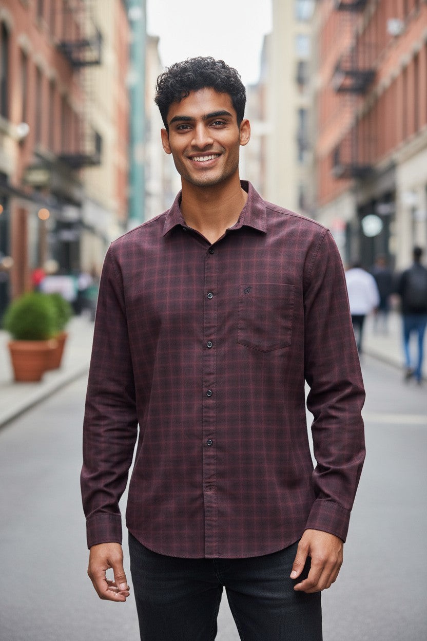 Tom Hatton Printed Check Shirt Maroon SA 5087